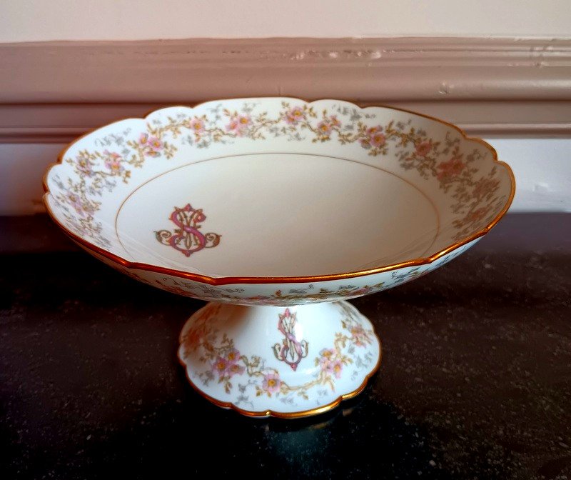 Compotier Drageoir Cutting Scalloped Edge Porcelain Hache In Vierzon Limoges Art Nouveau Flowers