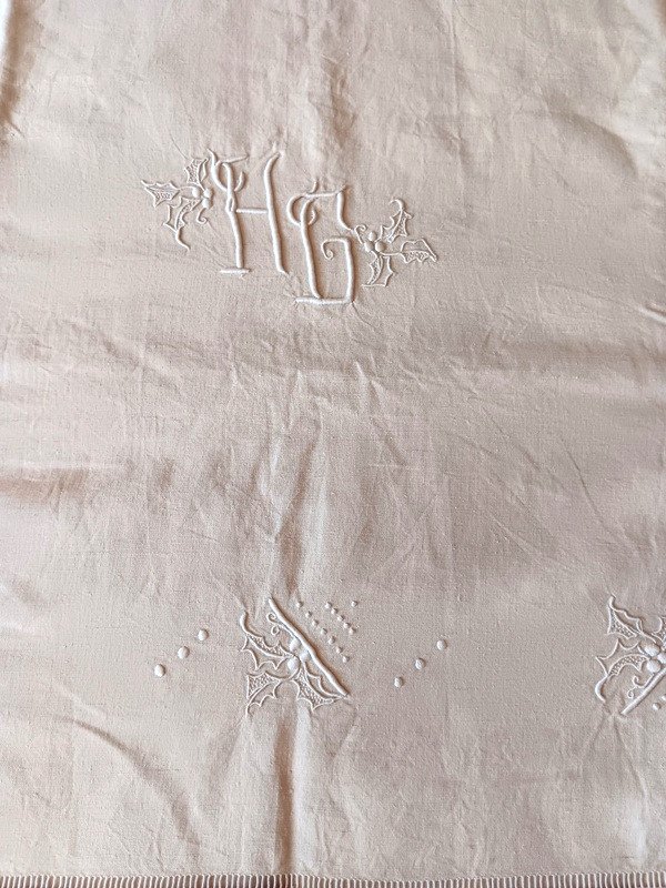 Old Ecru Linen Sheet Embroidered With Holly Art Deco Monogramm Hg With Returns Never Used Handmade-photo-2