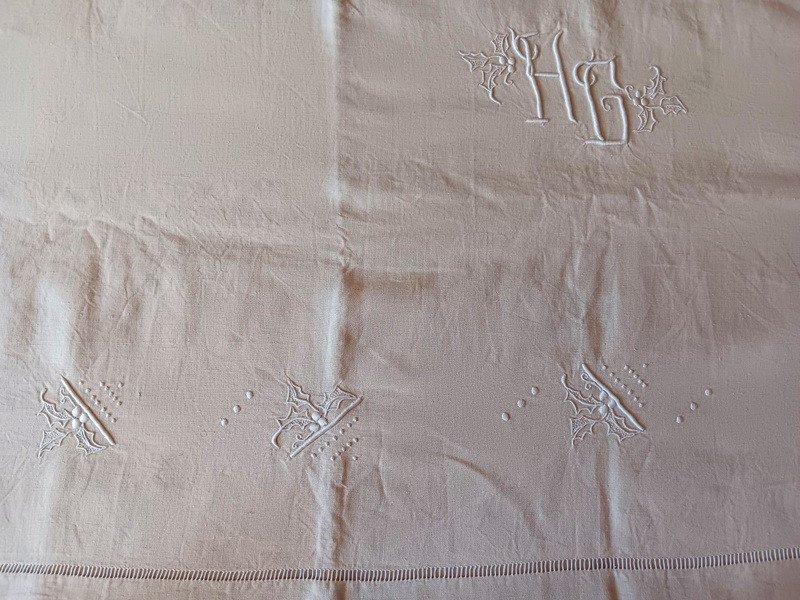 Old Ecru Linen Sheet Embroidered With Holly Art Deco Monogramm Hg With Returns Never Used Handmade-photo-3