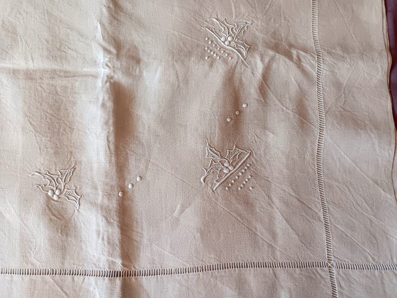 Old Ecru Linen Sheet Embroidered With Holly Art Deco Monogramm Hg With Returns Never Used Handmade-photo-1