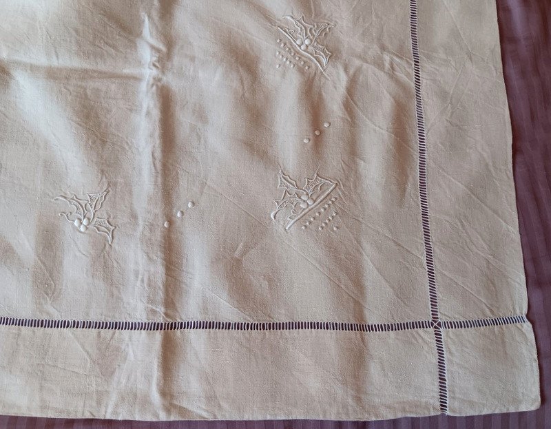 Old Ecru Linen Sheet Embroidered With Holly Art Deco Monogramm Hg With Returns Never Used Handmade-photo-2