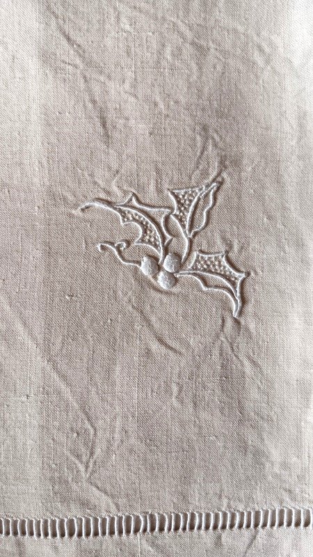 Old Ecru Linen Sheet Embroidered With Holly Art Deco Monogramm Hg With Returns Never Used Handmade-photo-6
