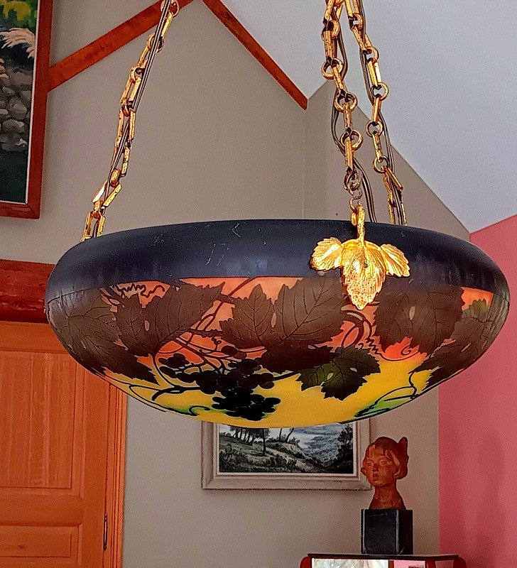Daum Nancy Rare vasque Suspension Lustre plafonnier Art Nouveau à La Vigne Vers 1880 - 1900-photo-1