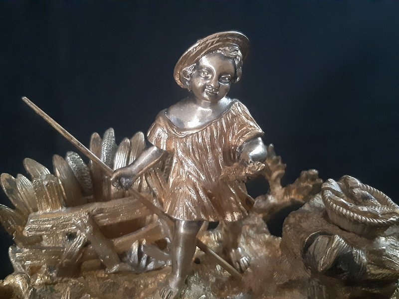 Ravissant Groupe En Bronze double Patine dorée et argentée Sculpture Encrier Et Pyrogène époque XIXème Siècle-photo-2
