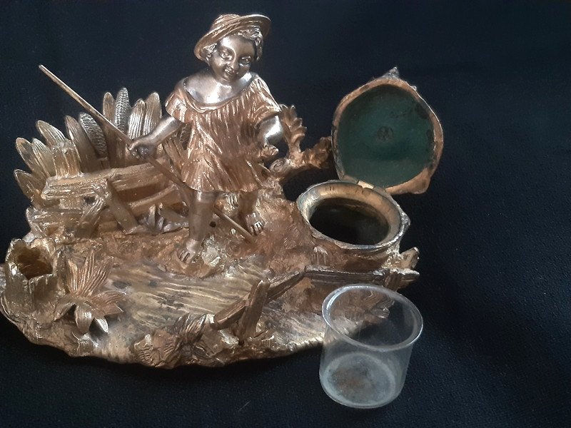 Lovely Group In Patinated Bronze Double Patina Golden And Silver Sculpture Inkwell And Pyrogen 19th Century-photo-3