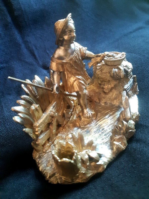 Lovely Group In Patinated Bronze Double Patina Golden And Silver Sculpture Inkwell And Pyrogen 19th Century-photo-6