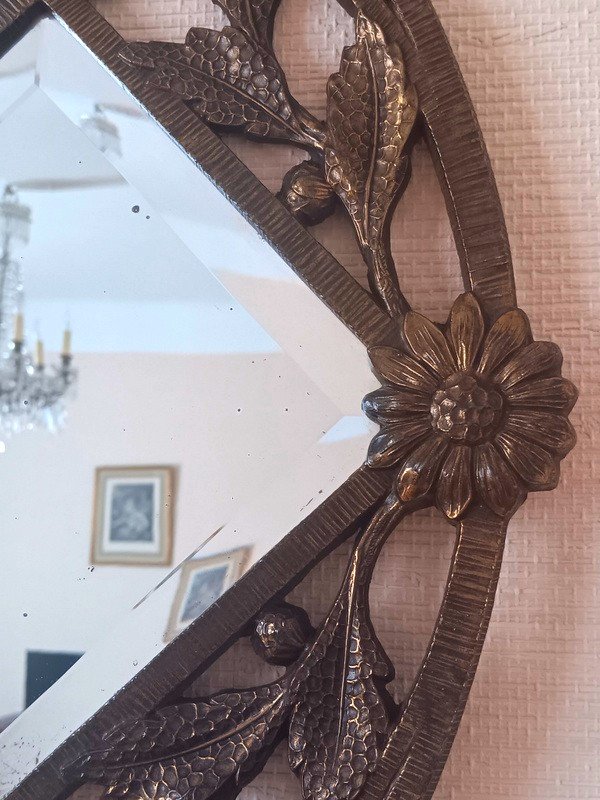 Art Deco Oval Ice Mirror With Floral Decor In Bronze Patinated Metal Circa 1930-photo-4
