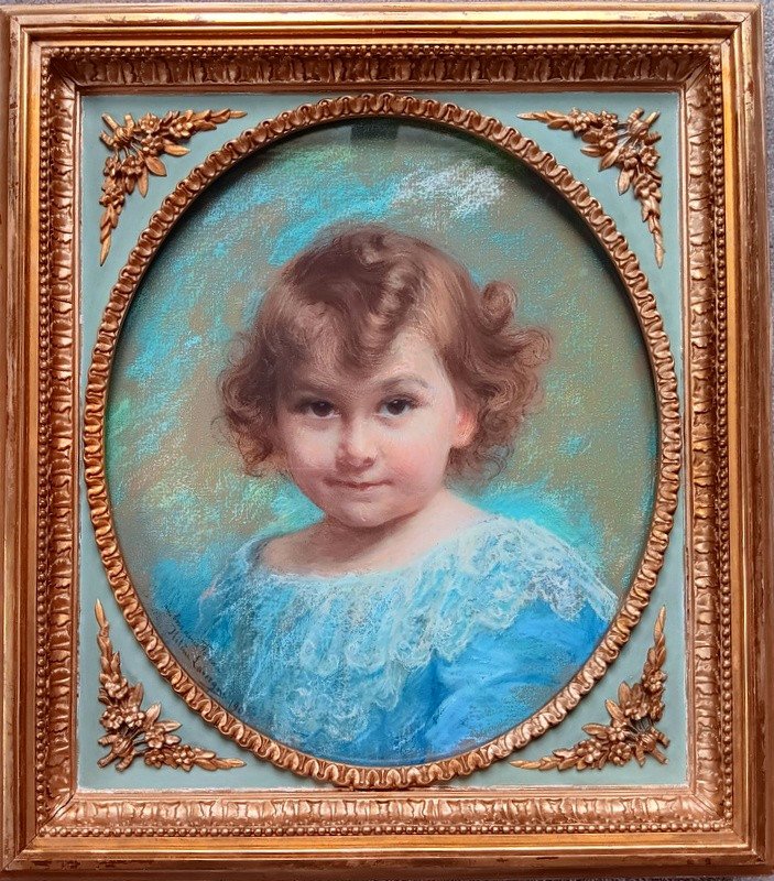 Hélène Lavergne Mosticker (1866-1949) Charming Pastel On Canvas Portrait Of A Child Art Nouveau Era 1900