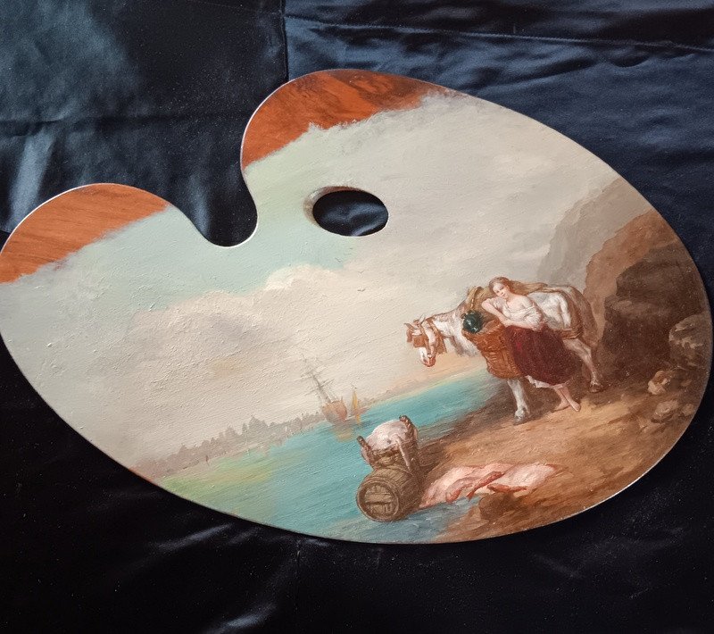 Ecole Française Du XIXème Palette De Peintre Huile Sur Panneau d'Acajou Jeune Marchande De poissons en bord de mer-photo-2