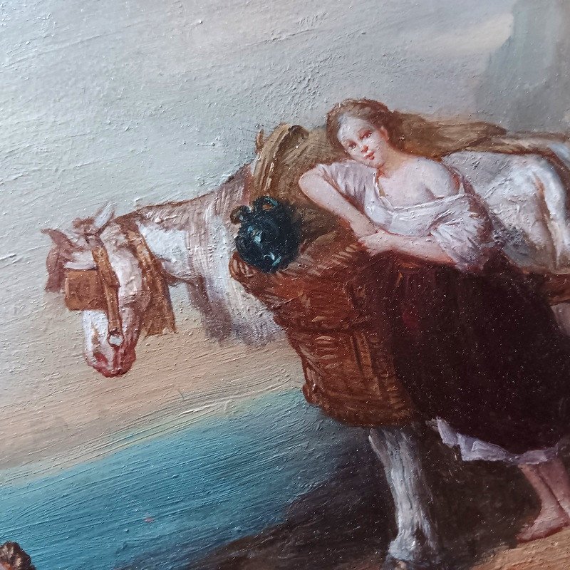 Ecole Française Du XIXème Palette De Peintre Huile Sur Panneau d'Acajou Jeune Marchande De poissons en bord de mer-photo-4