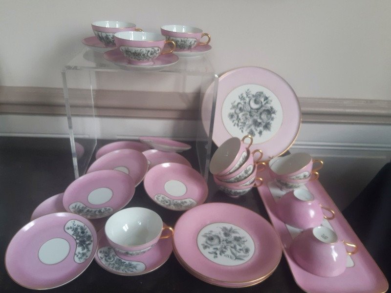 Charmant Service à Dessert Complet Thé Café En Porcelaine De Limoges Art Déco Décor Main 1920 -1935-photo-2