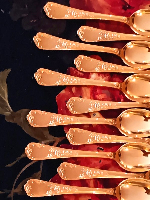François Frionnet Elysée Model Superb Suite Of 12 Moka Coffee Spoons In Gold Metal Style Rocaille  Christofle Marly-photo-2