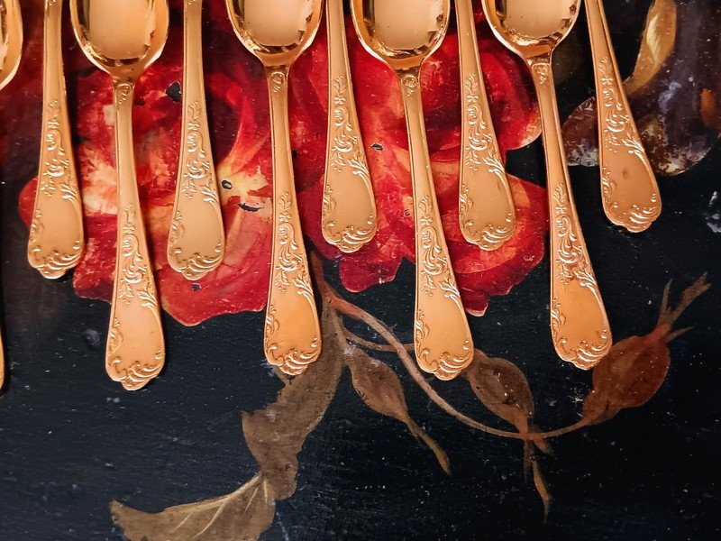 François Frionnet Elysée Model Superb Suite Of 12 Moka Coffee Spoons In Gold Metal Style Rocaille  Christofle Marly-photo-1