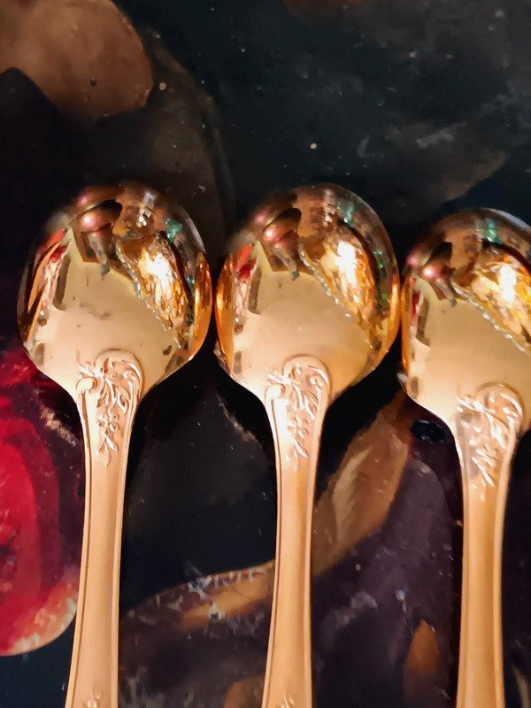François Frionnet Elysée Model Superb Suite Of 12 Moka Coffee Spoons In Gold Metal Style Rocaille  Christofle Marly-photo-3