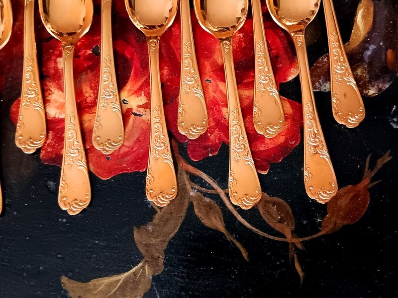 François Frionnet Elysée Model Superb Suite Of 12 Moka Coffee Spoons In Gold Metal Style Rocaille  Christofle Marly-photo-4