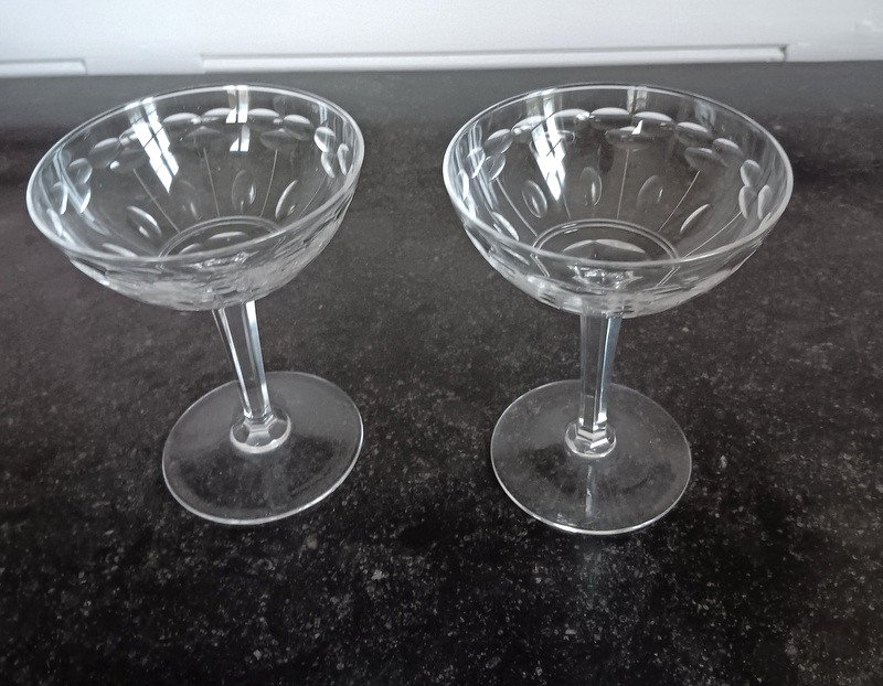 Val Saint Lambert 2 Champagne Glasses Nestor Tortoiseshell And Olive Service Crystal Eched-photo-2