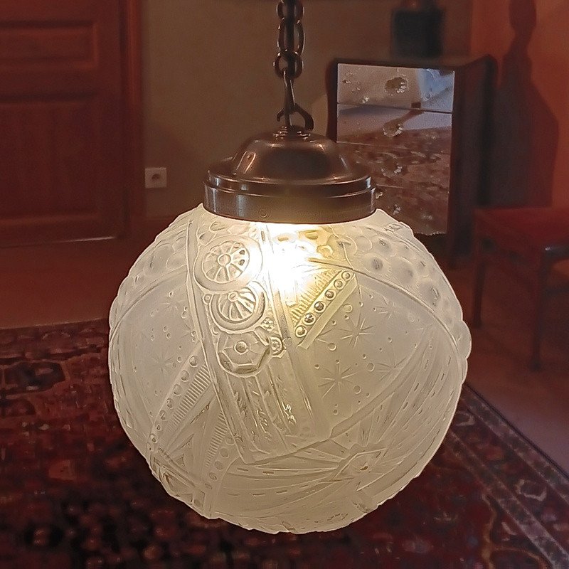 Muller Frères Lunéville Suspension Ceiling Light Ball Chandelier Art Deco Period Circa 1930-photo-3