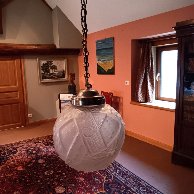 Muller Frères Lunéville Suspension Ceiling Light Ball Chandelier Art Deco Period Circa 1930-photo-3