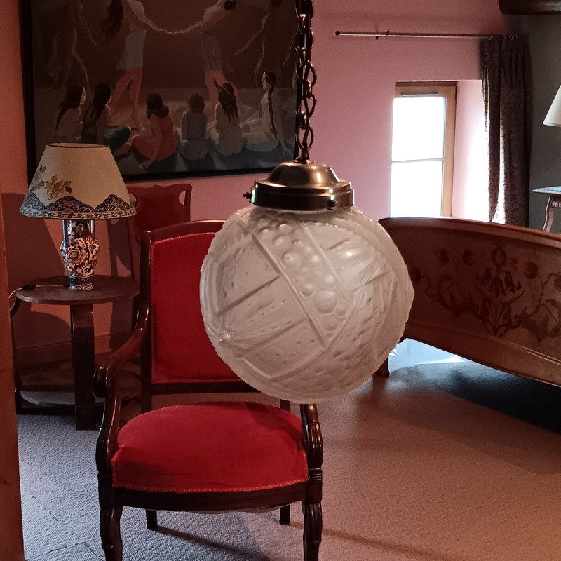 Muller Frères Lunéville Suspension Ceiling Light Ball Chandelier Art Deco Period Circa 1930-photo-5