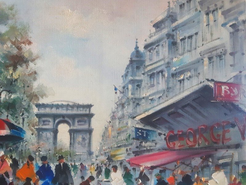 Maurice Legendre Animation At The Champs Elysées Paris Oil On Canvas In The Style Of Mério Ameglio-photo-2