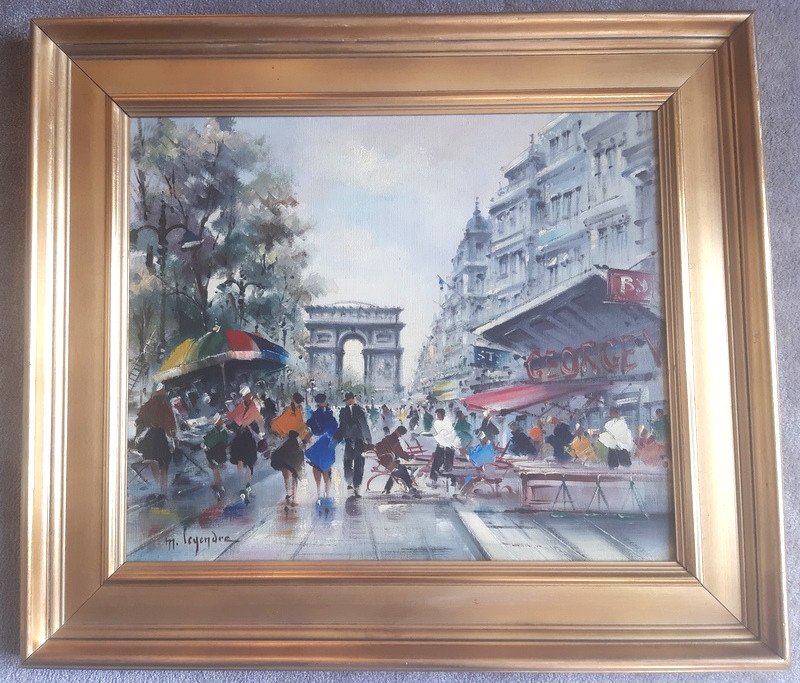 Maurice Legendre Animation Aux Champs Elysées Paris Huile Sur Toile Dans Le Style De Mério Ameglio