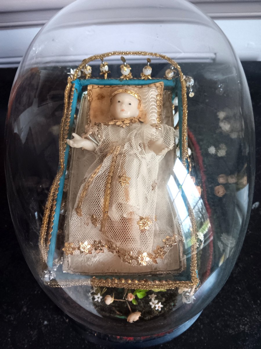 Wax Dressed Child Jesus Little Child Under Glass Bell