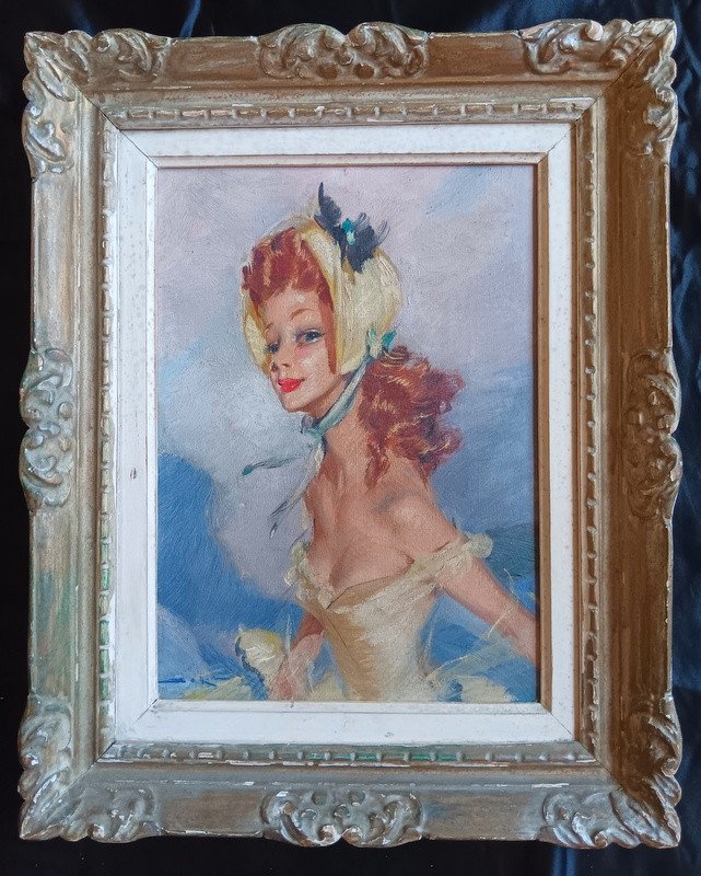 Delicious Portrait Of An Elegant Young Woman In A Hat Oil On Canvas Painting In The Taste Of Jean-gabriel Jean Gabriel Domergue Vers 1940