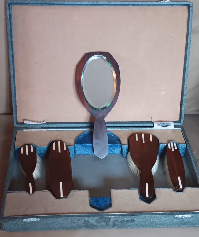 Bel Ensemble Garniture Set De Toilette En Palissandre Art Déco Vers 1930-photo-3