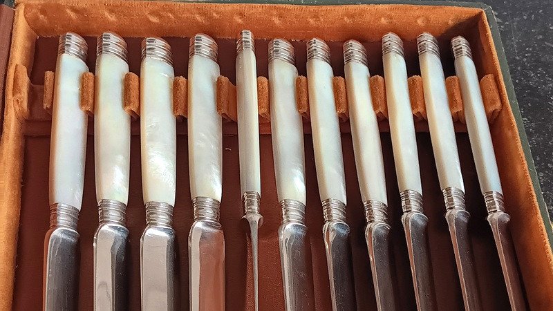 Alphonse Debain Goldsmith In Paris Suite Of 11 Fruit, Dessert, Dessert Knives Sterling Silver And Mother-of-pearl-photo-4