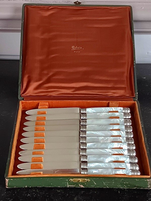 Alphonse Debain Goldsmith In Paris Suite Of 11 Fruit, Dessert, Dessert Knives Sterling Silver And Mother-of-pearl