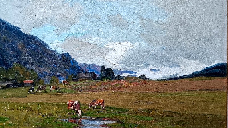 Clovis Terraire (1858-1931) Pasture In Saint Jean De Sixt Hautes Alpes Savoie Snowy Landscape Aravis Ridge Oil On Canvas Painting-photo-1