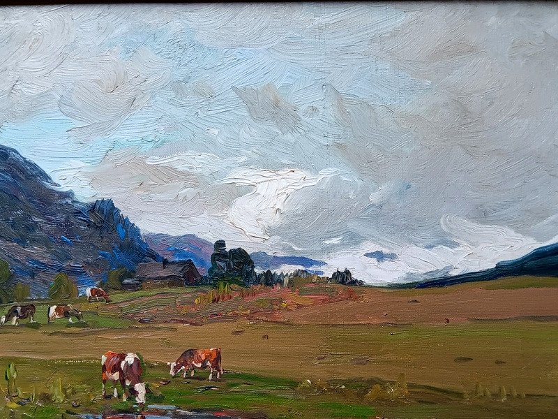 Clovis Terraire (1858-1931) Pasture In Saint Jean De Sixt Hautes Alpes Savoie Snowy Landscape Aravis Ridge Oil On Canvas Painting-photo-4