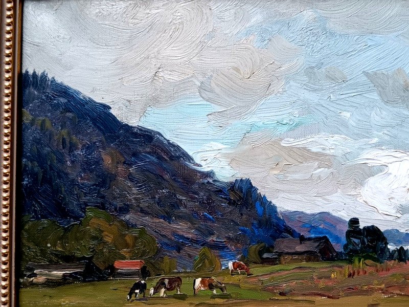 Clovis Terraire (1858-1931) Pasture In Saint Jean De Sixt Hautes Alpes Savoie Snowy Landscape Aravis Ridge Oil On Canvas Painting-photo-5