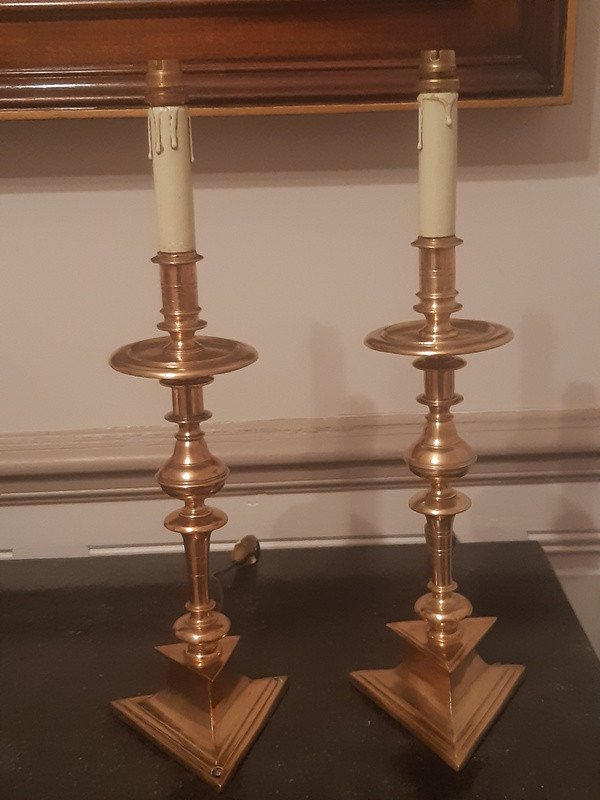 Beautiful Pair Of Bronze Candlesticks Mounted As 17th Century Style Lamps-photo-8