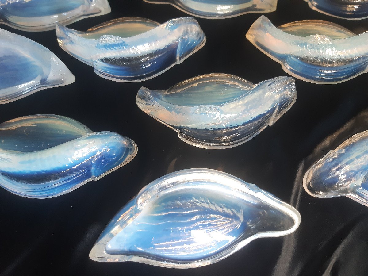 Costebelle 13 Poissons Porte Couteaux Citron porte-couteaux verre Opalescent Art Déco 1930-photo-3