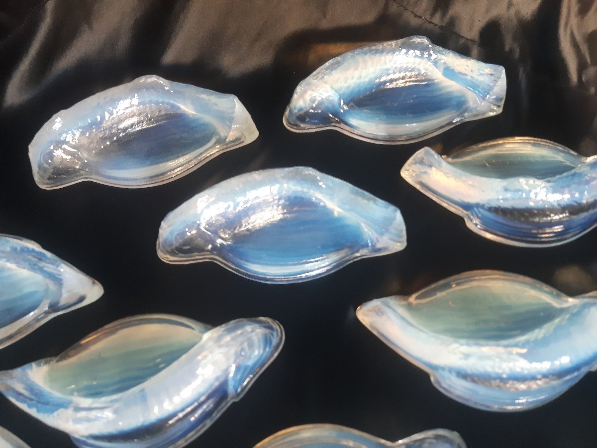 Costebelle 13 Poissons Porte Couteaux Citron porte-couteaux verre Opalescent Art Déco 1930-photo-1