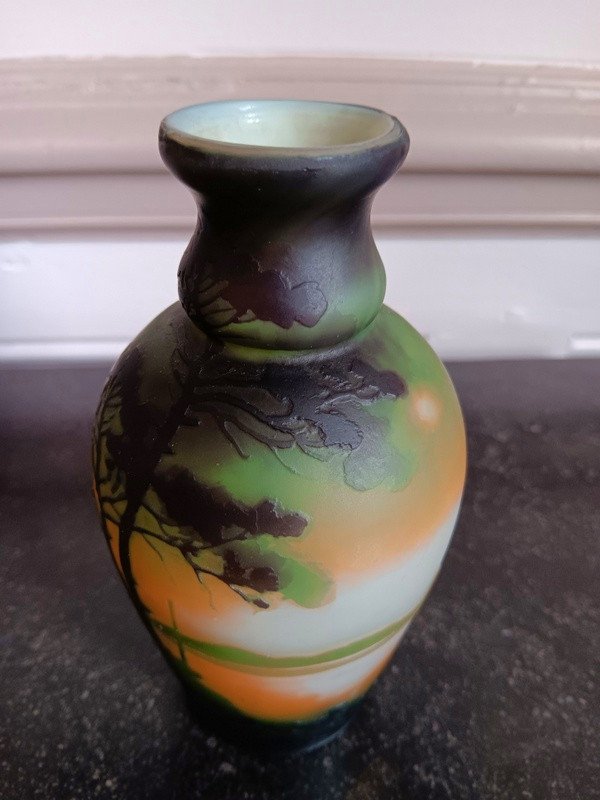 Muller Vase From The 1st Period With Village Decor Against A Background Of A Maritime Landscape With Boats Art Nouveau Circa 1900-photo-2