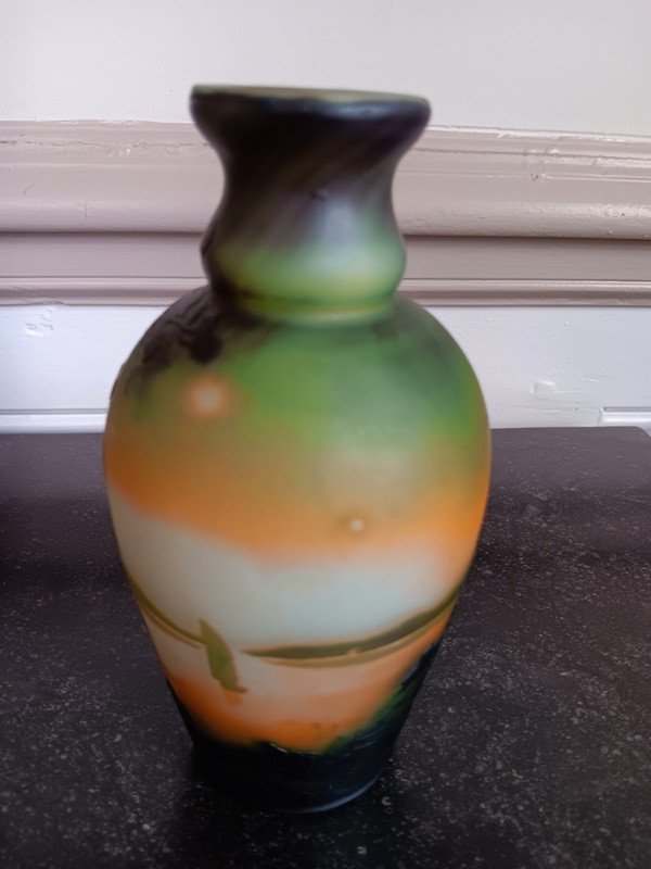Muller Vase From The 1st Period With Village Decor Against A Background Of A Maritime Landscape With Boats Art Nouveau Circa 1900-photo-3