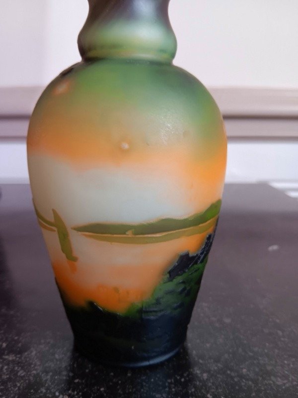 Muller Vase From The 1st Period With Village Decor Against A Background Of A Maritime Landscape With Boats Art Nouveau Circa 1900-photo-4