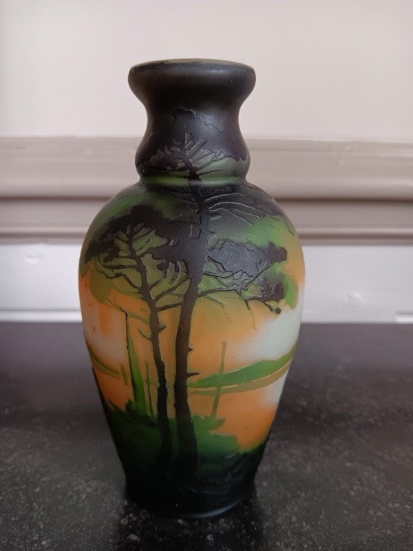 Muller Vase From The 1st Period With Village Decor Against A Background Of A Maritime Landscape With Boats Art Nouveau Circa 1900