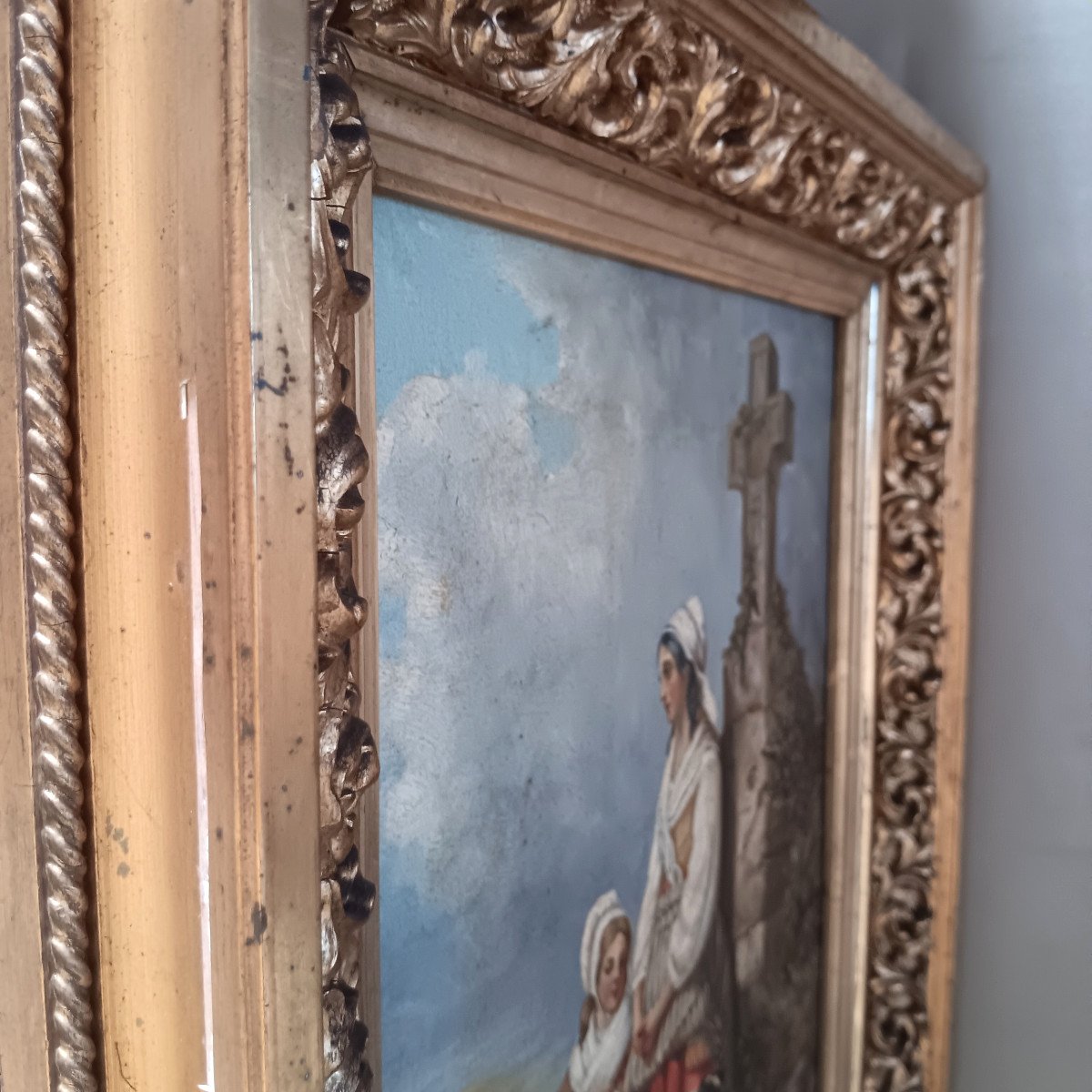 Delicious Oil On Canvas Painting Mother And Her Little Daughter Leaning Against A Calvary Facing The Ocean-photo-4