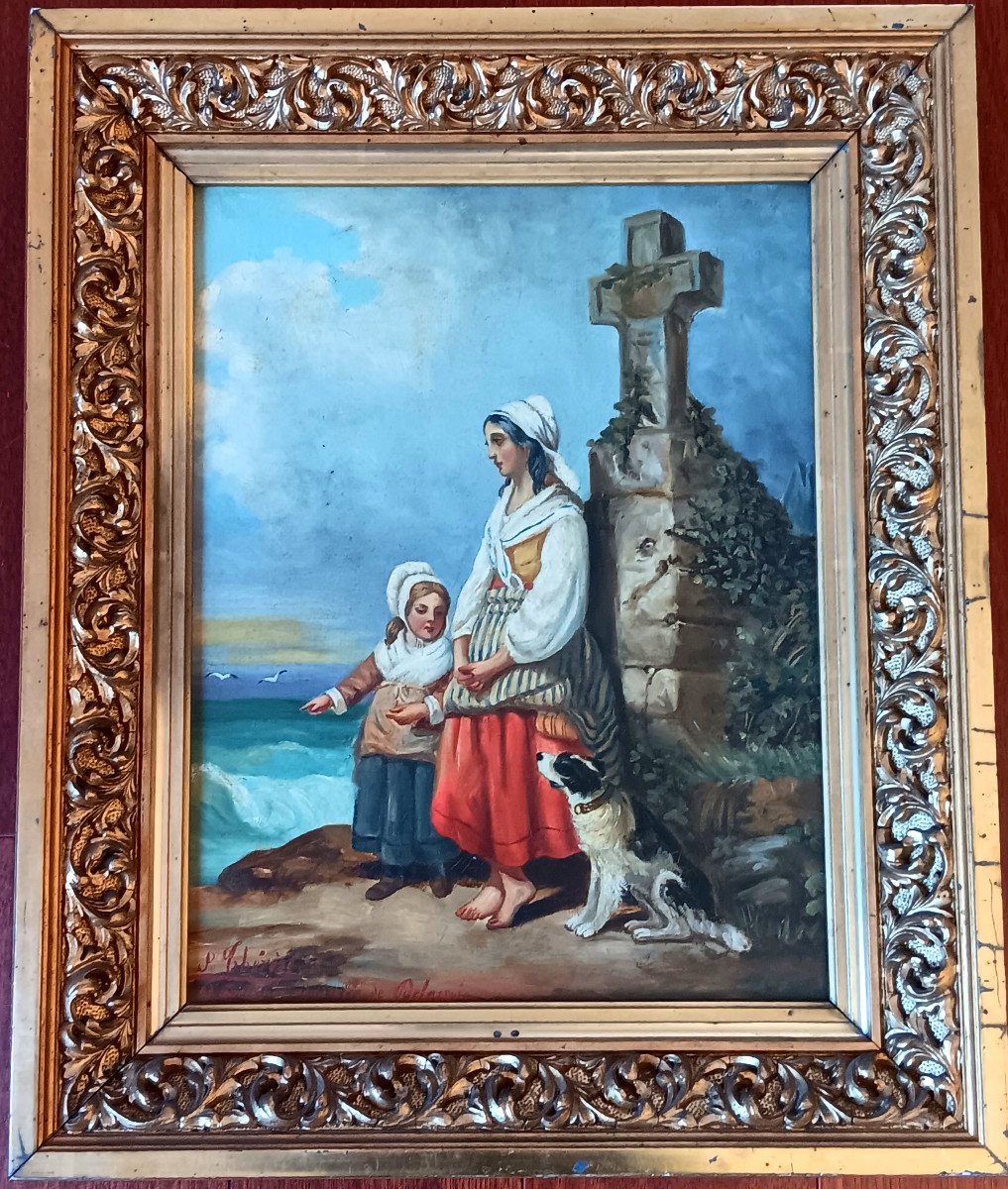 Delicious Oil On Canvas Painting Mother And Her Little Daughter Leaning Against A Calvary Facing The Ocean