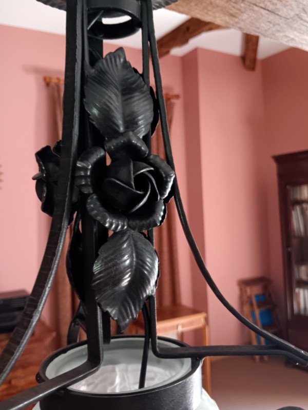 Ravissant Petit Lustre Suspension Plafonnier Boule En Fer Forgé Et Verre d'époque Art Déco Vers 1930-photo-4