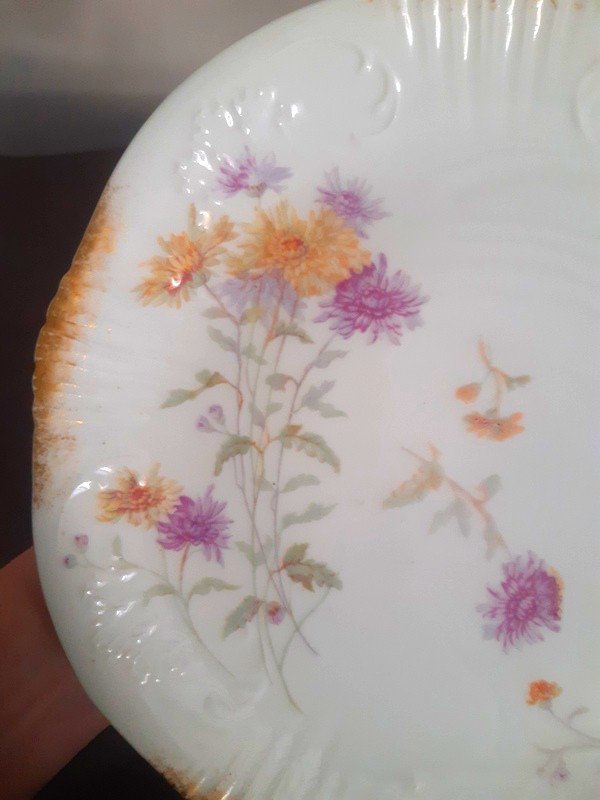 Compotier Drageoir Cutting Scalloped Edge Porcelain Hache In Vierzon Limoges Art Nouveau Flowers And Gold-photo-2