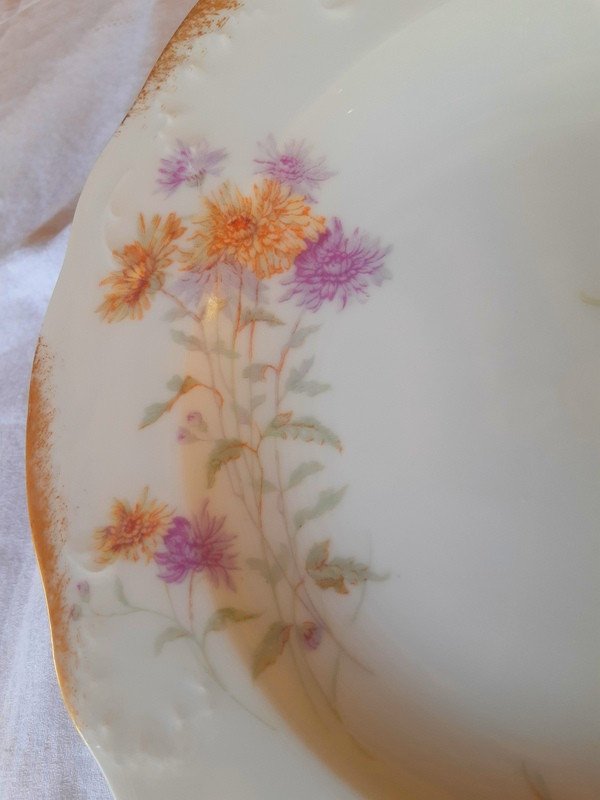 Elégante Suite De 6 Assiettes Creuses 24 Cm En Porcelaine Hache Limoges Art Nouveau Fleurs Et Or (3)-photo-4