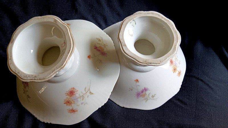 Pair Of Compotiers Drageoirs Porcelain Cups Plates Hache In Vierzon Limoges Art Nouveau Flowers And Gold-photo-2