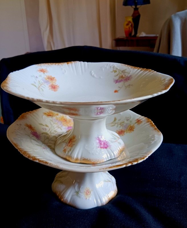 Pair Of Compotiers Drageoirs Porcelain Cups Plates Hache In Vierzon Limoges Art Nouveau Flowers And Gold-photo-7