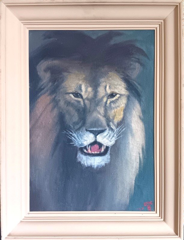 Magnificent Portrait Of Lion Oil On Hardboard Lone Oak Painting Art Deco Painting