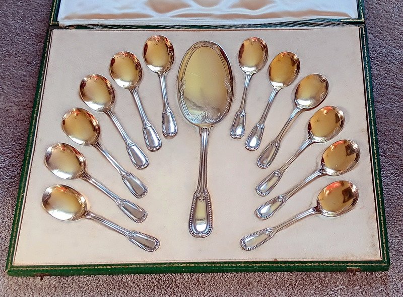 Puiforcat Service à Glace De 12 Cuillères Et d'Une Pelle De Service En Argent Art Nouveau-photo-1