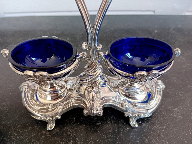Pair Of Double Salt Shakers In Silver And Cobalt Blue Crystal-photo-2